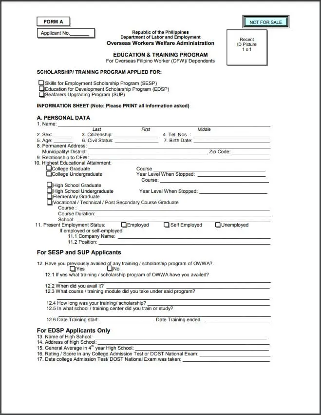 Skills for Employment Scholarship Form - SESP Application Form